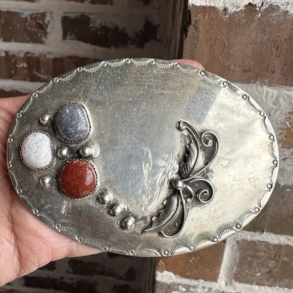 Southwest Belt Buckle 4" x 3" Red White Blue Fossil Dino Bone Sterling 75.0g - Picture 8 of 8